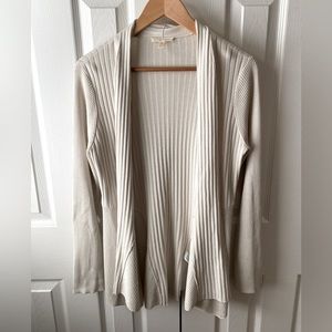 Eileen Fisher Ecru Silk and Organic Cotton Ribbed Drape Front Open Cardigan SZ S